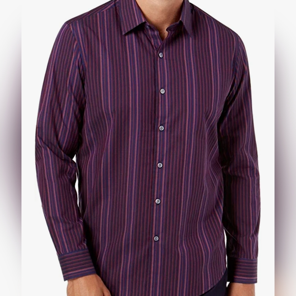 🤵Tasso Elba Men's Long Sleeve Brown/Black Stripe Shirt Point Collar Large
